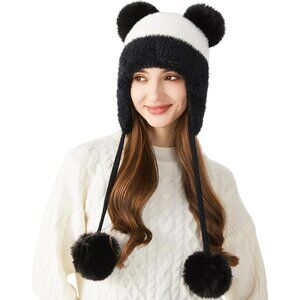 Winter Beanie Knit Faux Fur Pom Earflap Hat for Women Cold Weather Outdoor